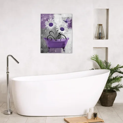 Miniatura 3 de HVEST Arte de pared retro floral morado para sala de estar, casa de campo, margaritas y mariposas en lienzo geométrico abstracto, arte de pared