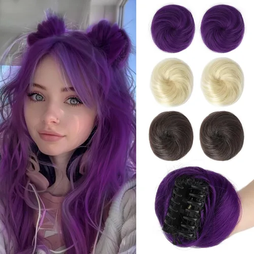 Miniatura 17 de REECHO Piezas de cabello Space Bun, 2 extensiones de moño mini con clip de pinza en extensiones de moño falsas de orejas de gato y desordenadas
