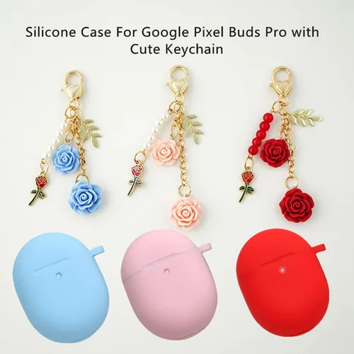 Miniatura 3 de Funda para Google Pixel Buds Pro con llavero, bonita funda de silicona para Pixel Buds Pro, funda de carga protectora con mosquetón de flores, Azul