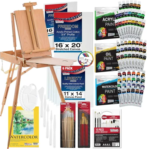 U.S. Art Supply Juego de pintura personalizada de 121 piezas con caballete de caja de bocetos Coronado Field Studio, 72 colores de pintura, 24