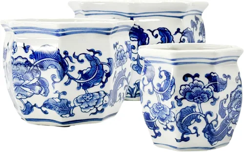 Miniatura 8 de Galt International Macetas de jardín decorativas de porcelana de cerámica con diseño floral azul y blanco, diseño chino asiático - Juego de 3