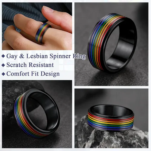 Miniatura 4 de FaithHeart LGBT - Anillos para ansiedad con diseño de arcoíris, acero inoxidableoro de 18 quilates chapado en oro de 18 quilates, joyería