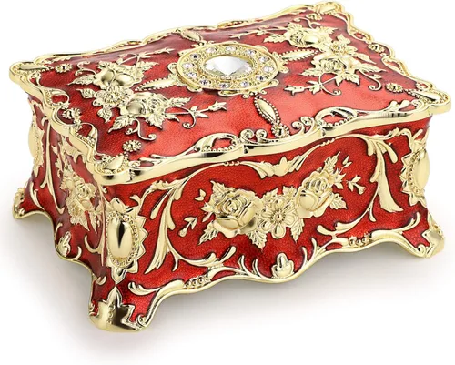 Hipiw - Caja organizadora de joyas vintage, caja de almacenamiento de metal para baratijas, caja de tesoro ornamentada, caja decorativa de joyería,