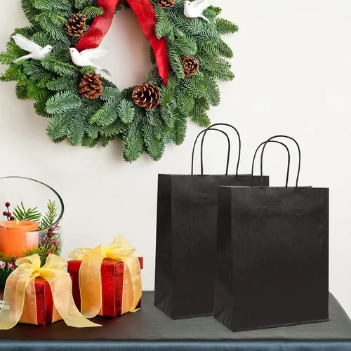 Miniatura 7 de PAICUIKE 100 bolsas grandes de papel negro con asas, bolsas de compras a granel de 13 x 7 x 13 pulgadas para pequeñas empresas, regalo para el día