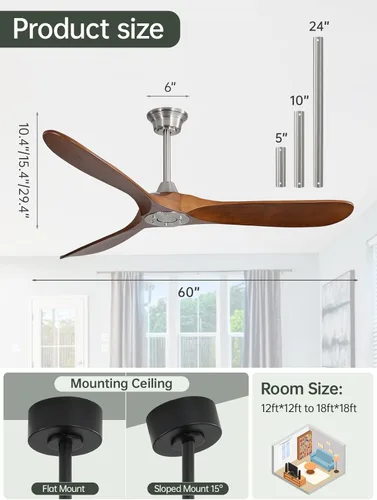 Miniatura 6 de Sofucor Ventilador de techo de 60 pulgadas con control remoto, níquel cepillado y nogal claro, 3 aspas de madera, motor CC reversible, temporizador