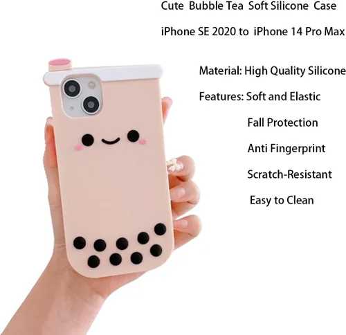 Miniatura 2 de Funda de silicona suave con diseño de té Boba 3D para iPhone 13/iPhone 14 de 6.1 pulgadas, diseño de dibujos animados de kawaii, cara sonriente, té