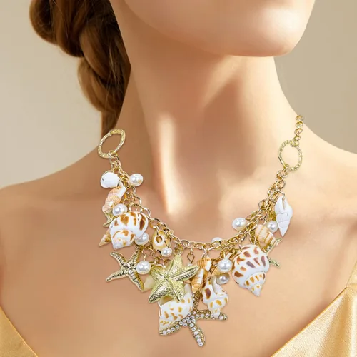 Miniatura 9 de Halawly Gargantilla de concha de cola de sirena, collar de moda con diseño de concha de mar y estrella de mar de perlas de imitación, collar grueso