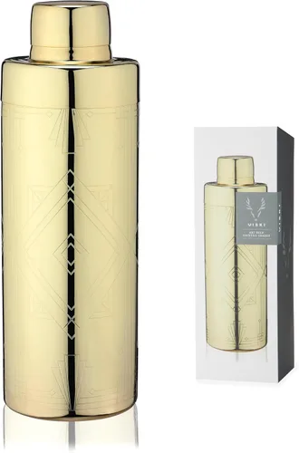 Viski Art Deco - Coctelera de acero inoxidable grabada de 24 onzas con colador y acabado dorado