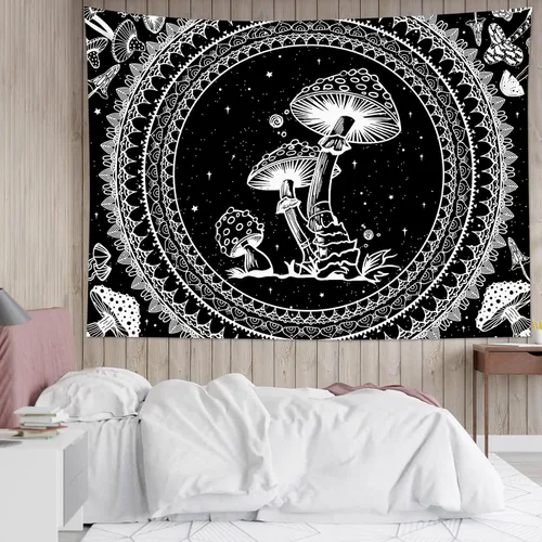 Miniatura 3 de SCECALA Tapiz bohemio de hongos, mandala blanco y negro para colgar en la pared para dormitorio, decoración bohemia del hogar, 60 x 40 pulgadas