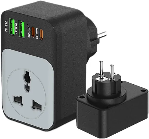 Adaptador de enchufe de viaje europeo, adaptador de corriente internacional de 65 W con 2 puertos PD USB C 2 puertos USB, adaptador de enchufe tipo