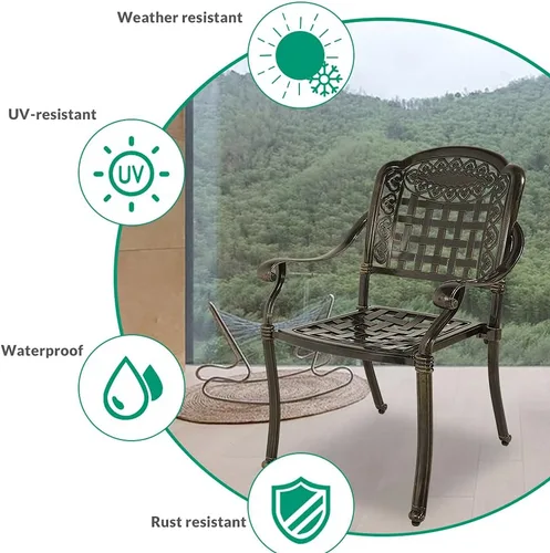 Miniatura 6 de VIVIJASON 2 sillas de aluminio fundido para exteriores, reposabrazos de patio, sillas de comedor para jardín, piscina, patio trasero, bronce antiguo