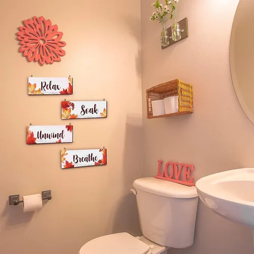 Miniatura 7 de Blulu 4 piezas de decoración de pared de baño de Acción de Gracias, arte de pared, decoración de madera de granja, decoración de madera, para Blanco