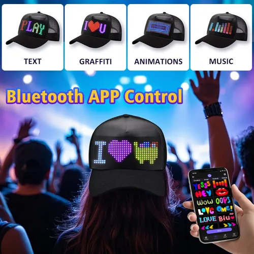 Miniatura 2 de Sombreros LED, pantalla LED, gorras de béisbol con control de aplicación Bluetooth, compatible con texto, patrones, animaciones para fiestas, bares