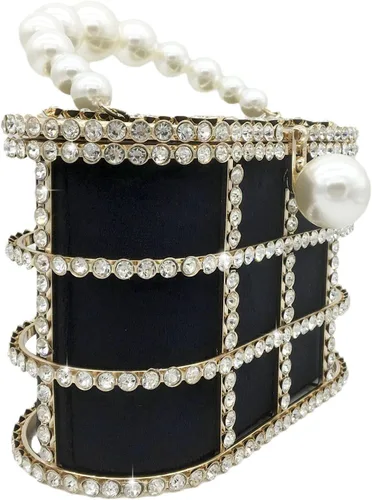 Miniatura 9 de Boutique De FGG Elegant Evening Handbag with Pearl Rhinestone Bucket Bag Crystal Clutch Purses for Wedding Party Small Tote