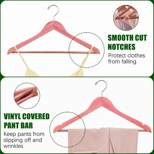 Miniatura 3 de Amber Home Paquete de 16 perchas de cedro rojo americano, perchas de madera con acabado liso con gancho giratorio y muescas para trajes, camisas