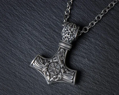 Miniatura 79 de Viking Thors Hammer Necklace Pendant - Vegvisir Aegishjalmur Helm of Awe Raven Huginn Muninn Pendant Necklace Amulet Talisman - Thor Necklace