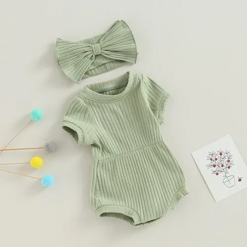 Miniatura 32 de Traje de verano para niña pequeña, de manga corta, acanalado, overol liso, pantalones cortos, ropa para recién nacidos