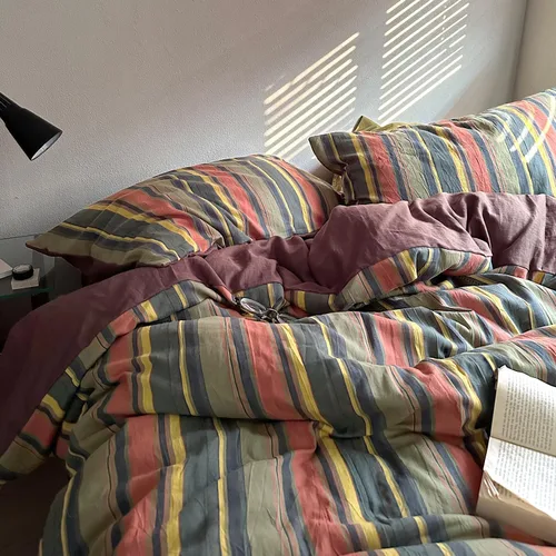 Miniatura 5 de mixinni Juego de funda de edredón vintage a rayas, tamaño twin, juego de ropa de cama de 3 piezas, 100% algodón lavado, suave y transpirable, funda