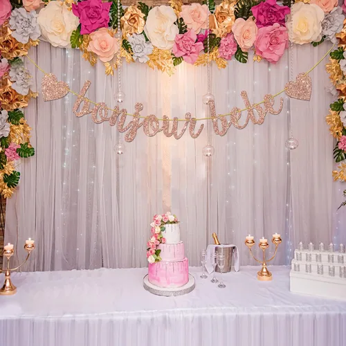 Miniatura 5 de Cartel Bonjour Bebe con purpurina de oro rosa, decoración de fiesta de primer cumpleaños, cartel de bienvenida Oh Baby Shower Banderines