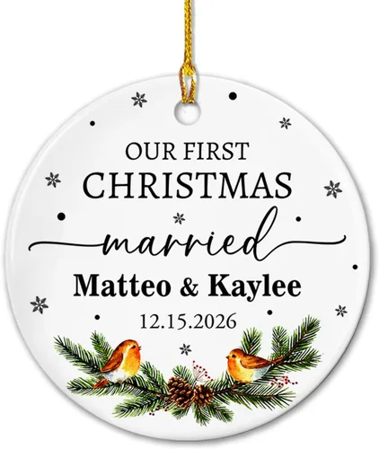 Miniatura 20 de Adorno de cerámica Our First Christmas Together, adorno de Navidad 2025 personalizado con nombre y fecha, renos para colgar en cerámica, regalo