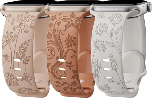Paquete de 3 correas con grabado floral compatibles con Apple Watch Band para mujeres de 1.496 pulgadas, 1.575 pulgadas, 1.614 pulgadas, 1.654
