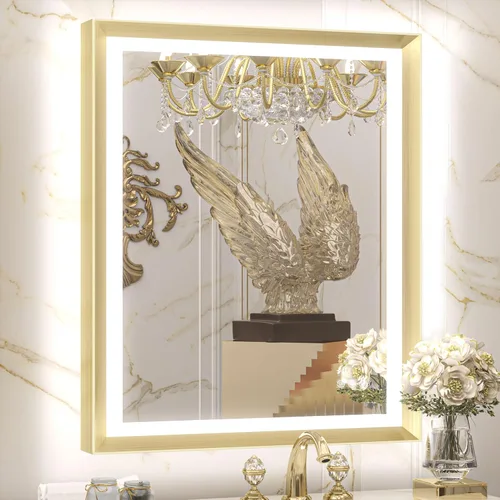 Miniatura 17 de TETOTE Espejo LED dorado para baño, marco de metal de 20 x 28 pulgadas, espejo de tocador iluminado frontal y retroiluminado, barroco, antiniebla