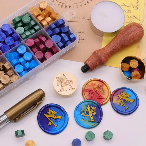 Miniatura 2 de SWANGSA Kit de sello de cera con letra inicial del alfabeto A, sello de sellado de letras de mariposa vintage con 200 cuentas de cera de sellado