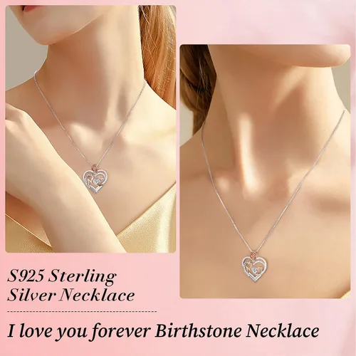 Miniatura 5 de MOOSEA Collar de mamá para mujer, collar de piedra lateral de diamante de moissanita, collar de piedra natal de corazón rosa de oro blanco de 18