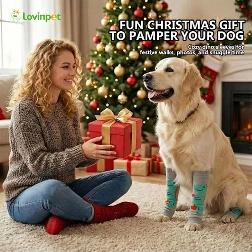 Miniatura 6 de LovinPet Paquete de 4 rodilleras para perro, calentadores de piernas estilo dinosaurio para perros medianos y grandes, elásticos en 4 direcciones