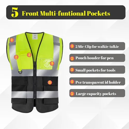 Miniatura 4 de BeautyWill Chaleco de seguridad con logotipo personalizado, Hi Vis Clase 2, chaleco reflectante de construcción unisex con 5 bolsillos