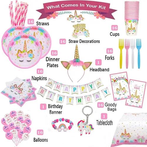 Miniatura 2 de Suministros de fiesta de cumpleaños para niñas, incluyendo platos, tazas, pajitas, mantel para fiesta de cumpleaños rosa, sirve a 16 invitados