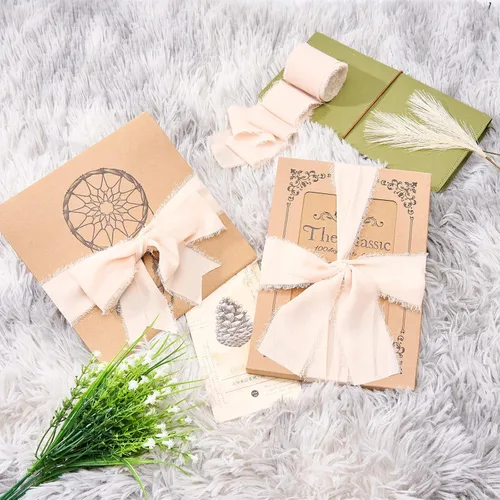 Miniatura 4 de Pretty Jolly Cinta de gasa beige para envolver regalos, 3 rollos de 2 pulgadas x 7 yardas, cinta de tela de seda hecha a mano con flecos para ramo