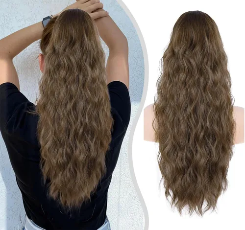 Miniatura 12 de Extension de cola de caballo con cordón de 26 pulgadas para mujer, extensiones de cola de caballo largas y onduladas, extensiones de cabello
