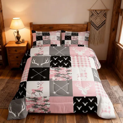 Miniatura 125 de Juego de edredón de cuernos de ciervo tamaño individual, juego de ropa de cama rústica de granja con huellas de oso y pinos para decoración