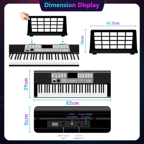 Miniatura 6 de TERENCE Piano de teclado de 61 teclas, altavoces de alta fidelidad duales, piano digital con 51 botones de función de panel, pantalla LED, teclado