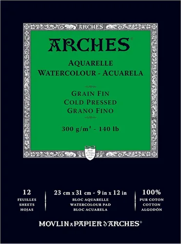 Miniatura 3 de Almohadilla de papel de acuarela Arches, 140 libras, prensa fría, 9"x12