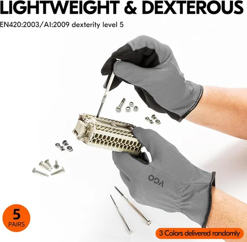 Miniatura 4 de Vgo... 5-Pairs High Dexterous Work Gloves For Men Women,Breathable,Light Duty,Excellent Grip,Value Pack (L, 5 Colors, AL8736)