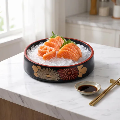 Miniatura 7 de Bandeja redonda para servir sushi con tabla de drenaje, plato de sashimi japonés de 9.4 pulgadas, cuenco de exhibición de mariscos de melamina