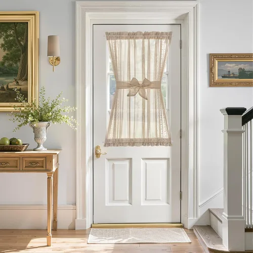 Miniatura 12 de jinchan Cortina de puerta francesa semitransparente con lazos de amarre, cortina de privacidad de gasa bordada floral para puerta de patio, armario