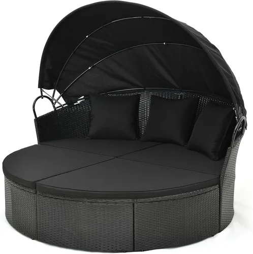 Miniatura 11 de HAPPYGRILL Sofá cama al aire libre con toldo, sofá modular de mimbre de ratán con mesa auxiliar, cojines, juego de conversación de patio para Gris