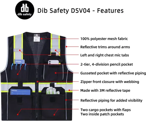 Miniatura 4 de Dib Safety Chaleco reflectante de malla negra, chaleco de alta visibilidad con bolsillos y cremallera, resistente, fabricado con cinta reflectante