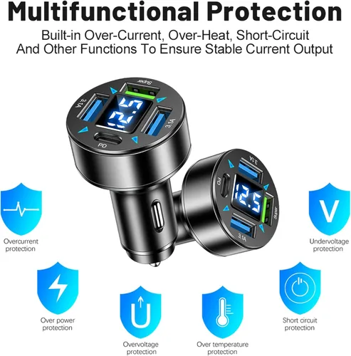 Miniatura 5 de Cargador de Coche Rápido, Cargador USB de 4 Puertos con Encendedor de Cigarrillos y Voltímetro LED, Adaptador de Cargador de Coche PD3.1/Super Port