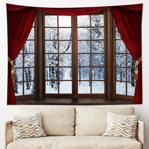 Miniatura 24 de HVEST Tapiz de bosque de invierno para colgar en la pared, montaña, nieve y pino, exterior, ventana de Navidad, arte de pared, tapiz de invierno