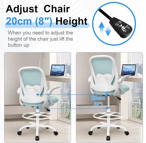 Miniatura 6 de Silla de dibujo alta de oficina con reposabrazos abatibles, altura ajustable y soporte lumbar mejorado, taburete ergonómico con ruedas, soporte