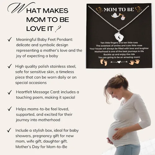 Miniatura 4 de Regalo para mamá – Collar con colgante de pies de bebé con una tarjeta de mensaje, regalo de embarazo para madres primerizas que esperan mujeres