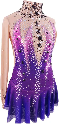 Miniatura 3 de Patinaje Artístico Vestido Niñas Púrpura Spandex Competición Falda Calidad Cristales Patinaje Disfraces
