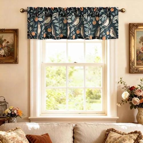 Miniatura 2 de VOGOL Cenefa de pájaro y bayas, decoración clásica de ventana de campo americano con estampado botánico, cortina de bolsillo para barra fácil