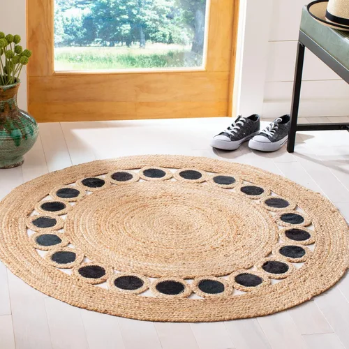 SAFAVIEH Natural Fiber Round Collection NF370Z - Alfombra redonda de yute y cuero de 3 pies, hecha a mano, color beige y negro