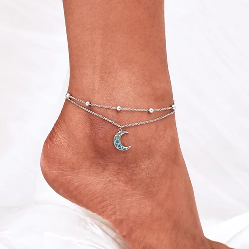 Miniatura 62 de CHIC & ARTSY Tobilleras delicadas de plata de ley S925 para verano, pulsera de tobillo ajustable multicapa para playa, joyería de pie para mujer