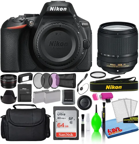 Nikon D5600 - Cámara digital DSLR de 24.2 MP con lente AF-S DX de 0.709-5.512 in (1577) Paquete Deluxe con tarjeta SD de 64 GB + bolsa grande para